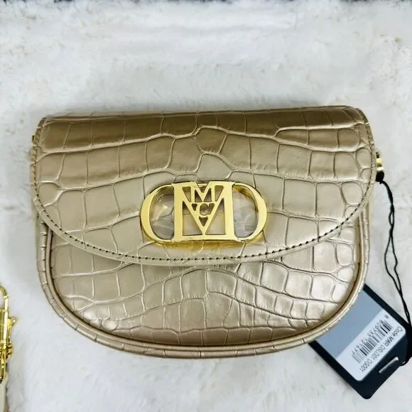 MCM Mode Travia Crossbody Bag Gold Croco Embossed with 24K Gold Plated Logo NWT